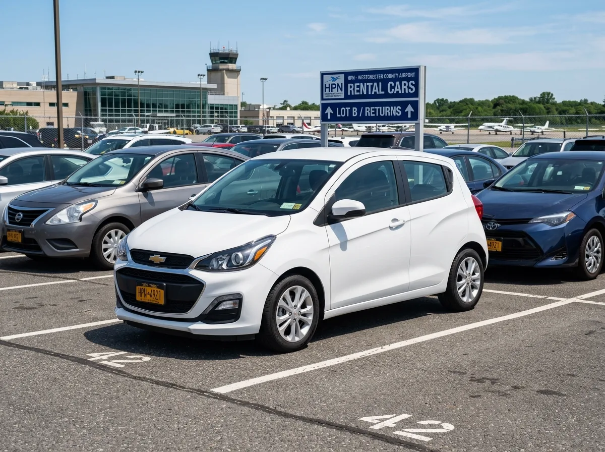 Chevrolet Spark economy hatchback parked at White Plains airport rental lot, sunny day, front three-quarter view, white background