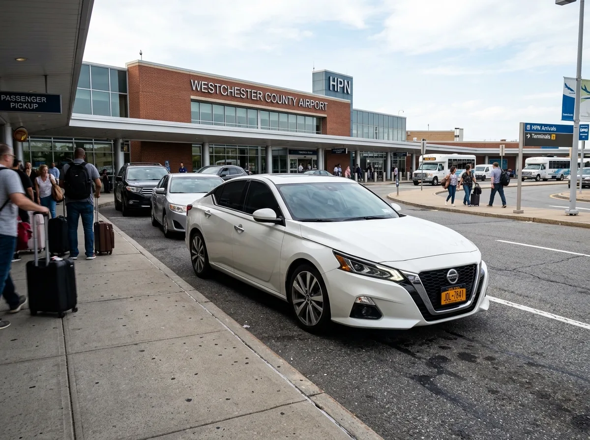 Nissan Altima full-size sedan in pearl white, exterior shot at Westchester County Airport pickup area