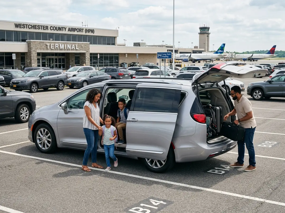 Chrysler Pacifica minivan in silver at HPN Westchester airport lot, family vehicle, sliding door open