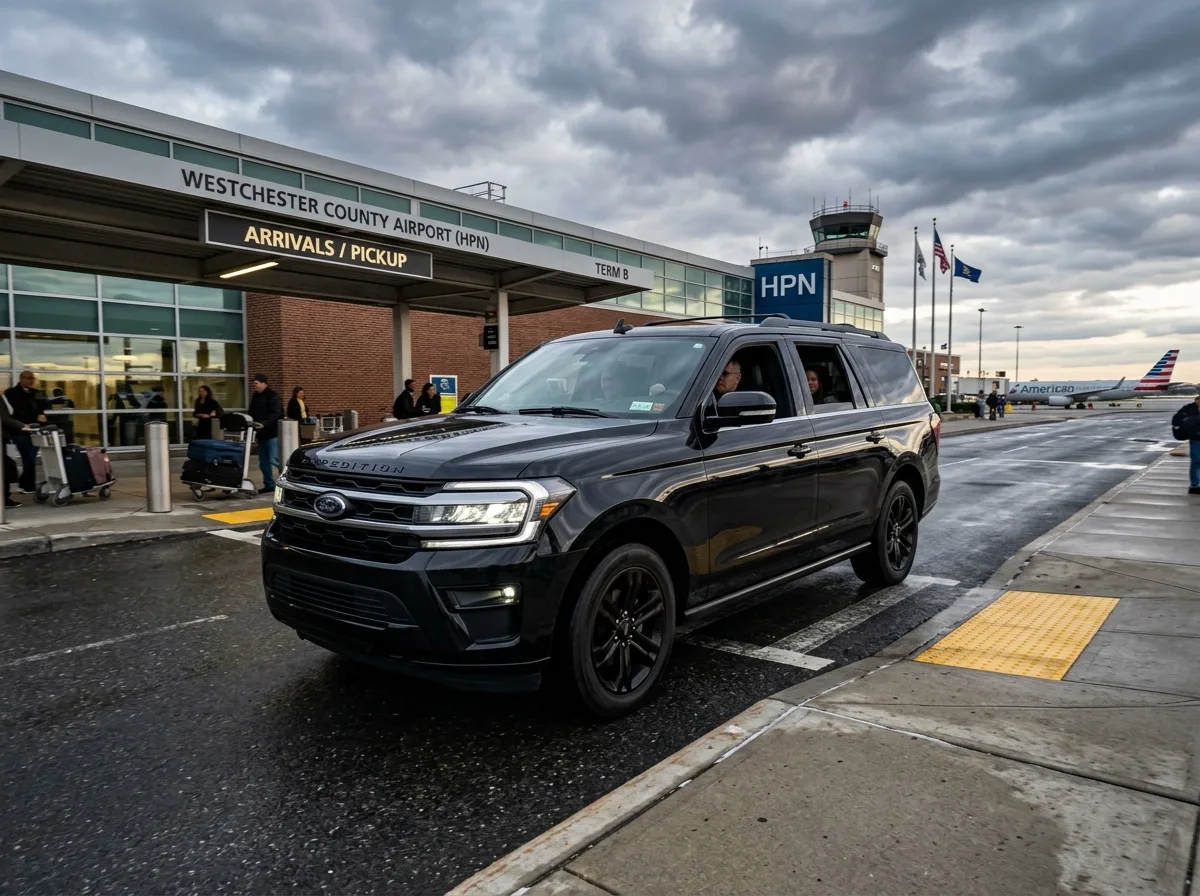 Ford Expedition full-size SUV black color at HPN airport, large 7-passenger vehicle, dramatic low angle