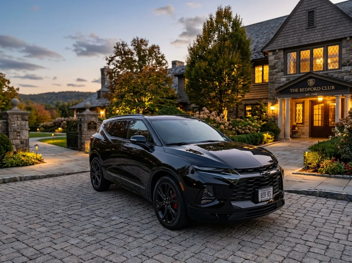 Chevrolet Blazer RS premium SUV in midnight black, glossy finish, parked at upscale Westchester NY location at dusk
