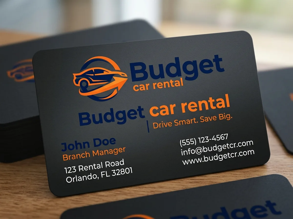 Budget car rental logo in navy and orange on dark background card