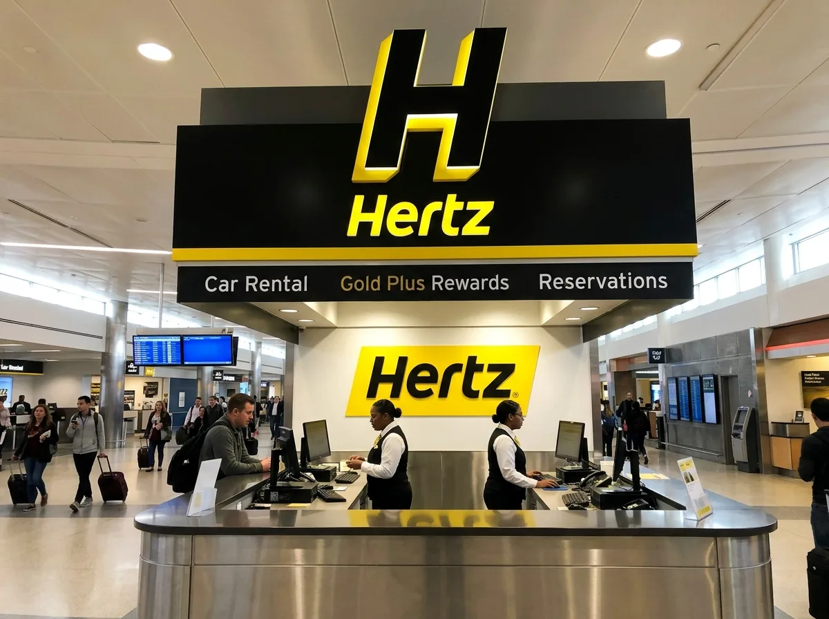 Hertz rental logo, yellow and black official branding, airport counter signage version