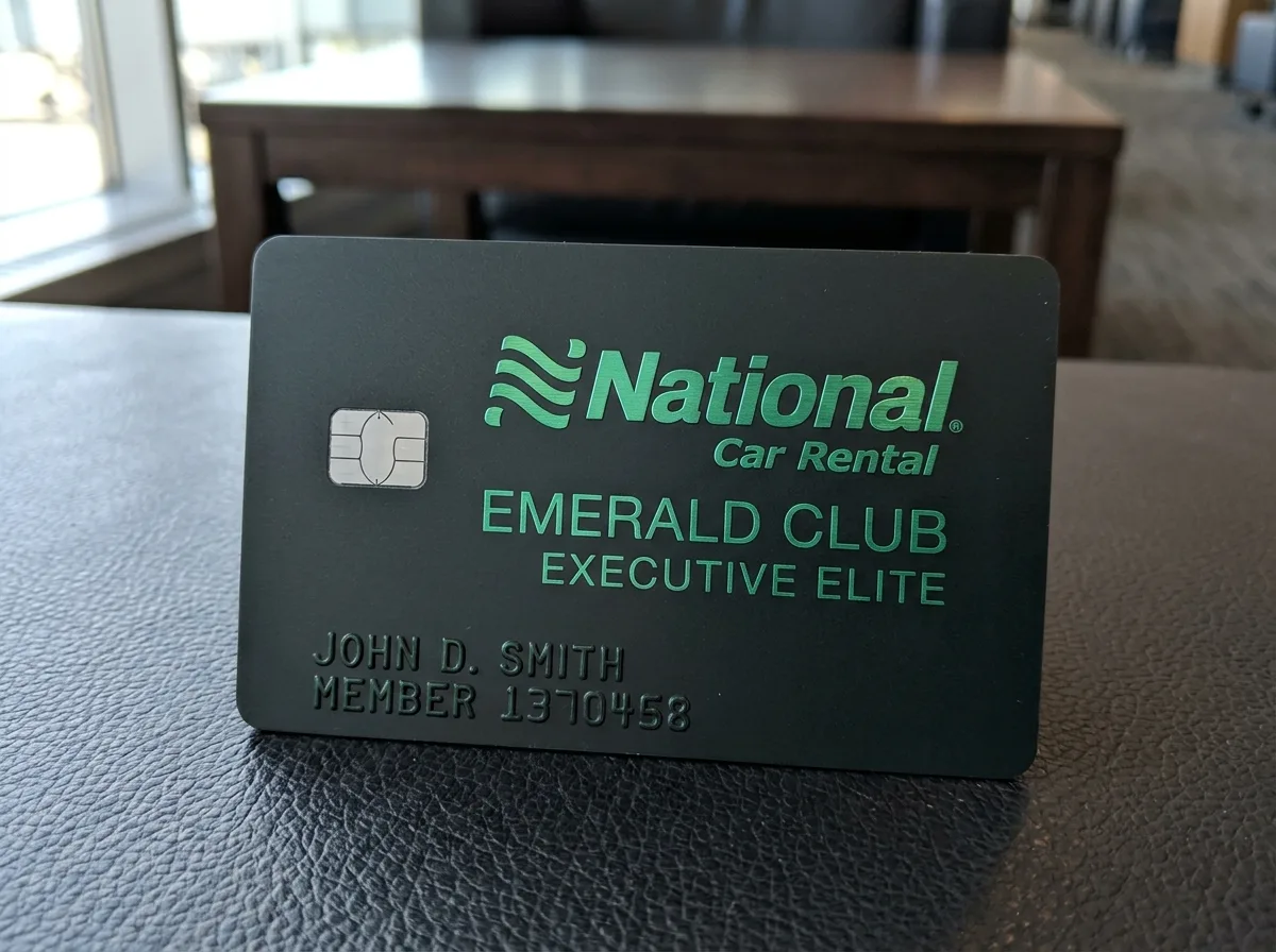 National Car Rental logo, green emerald brand on dark card background