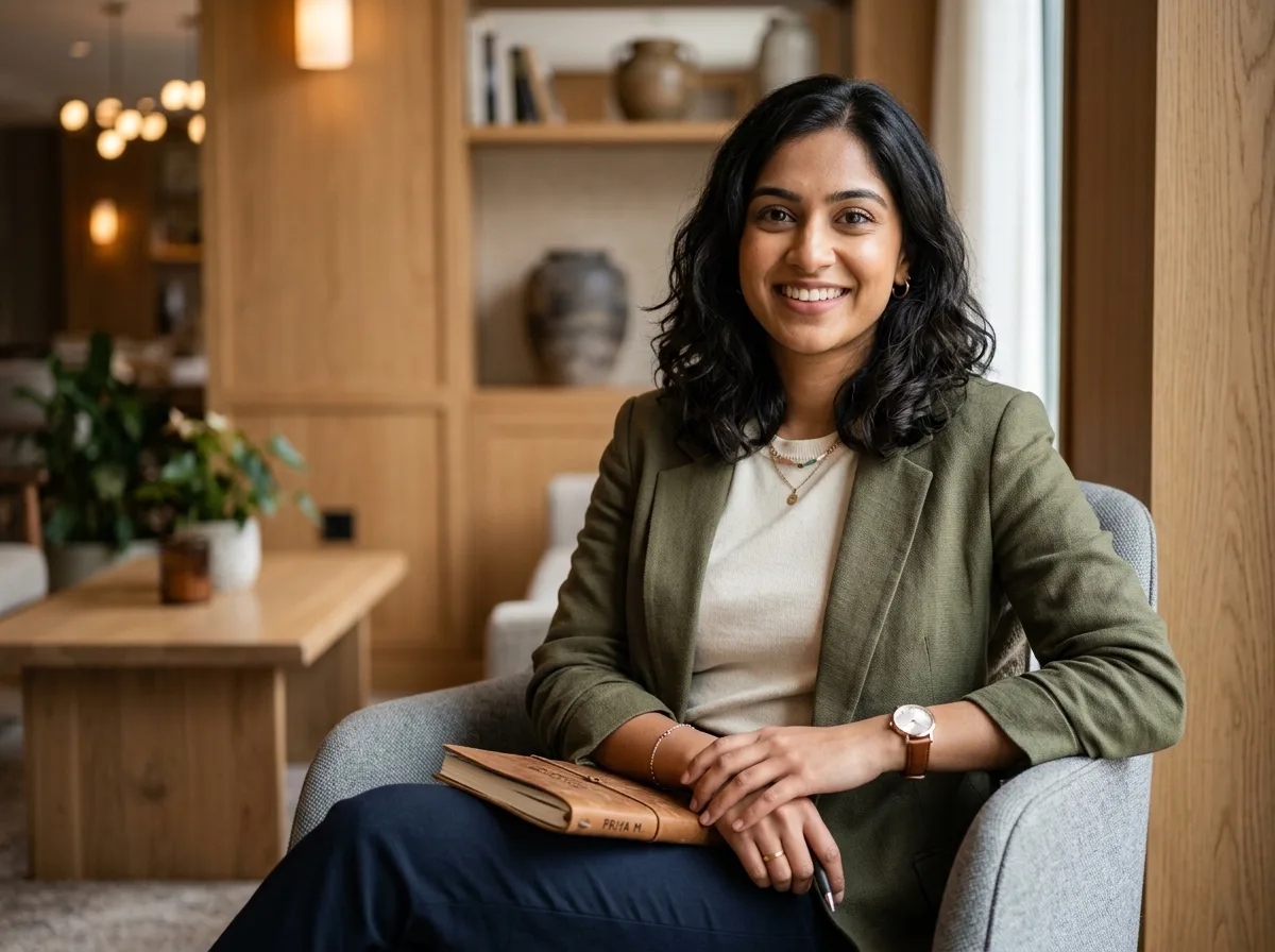 Portrait of young female traveler Priya M, casual professional look, neutral indoor backdrop