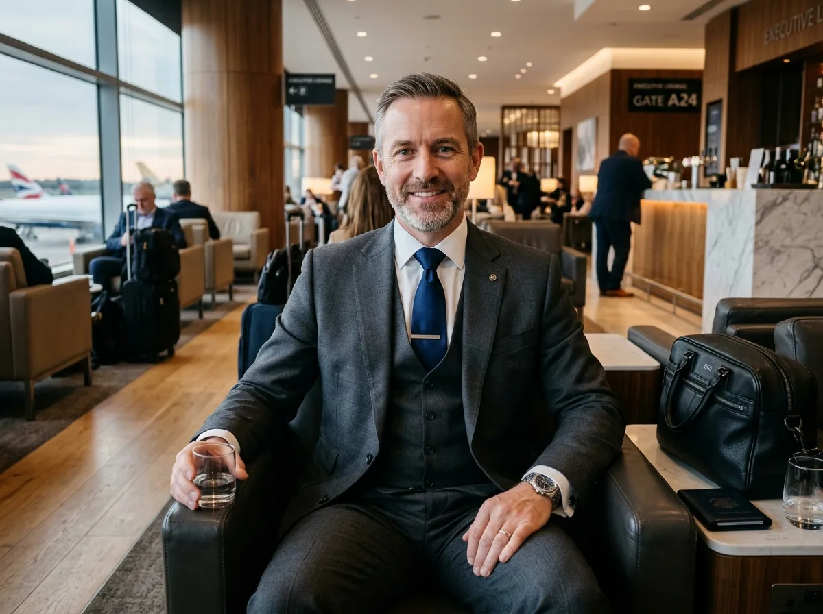 Portrait of male executive traveler James W, suit, confident expression, airport lounge setting